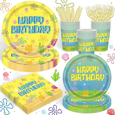 120PCS Yellow Cartoon Party Supplies Ocean Tableware Set for Kids Boys Girls ...