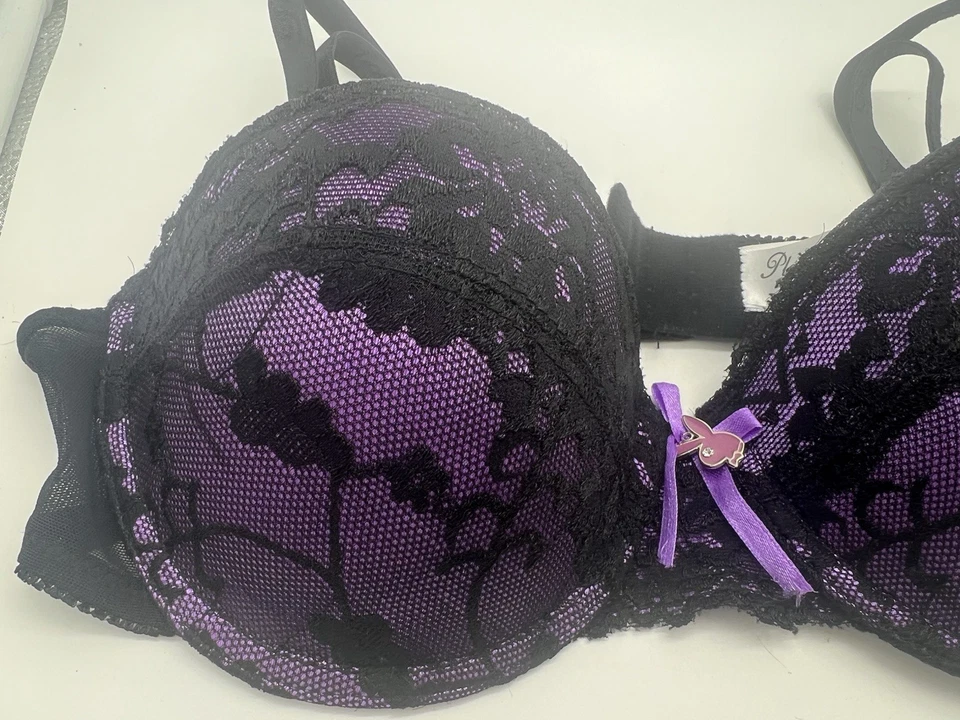 PLAYBOY BUNNY Purple 36C SEXY BLACK LACE CHARM PINK PUSH UP PAD BRA - Image 2 of 4