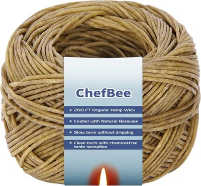 CHEFBEE 200 FT 100% Organic Hemp Wick, Hemp Wick Well Coated Natural Beeswax for Hemp Wi