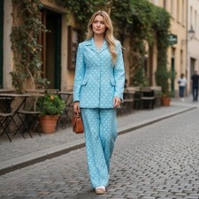 Authentic 70s Two-piece Leisure Suit Set Turquoise Geometric Flare S/M