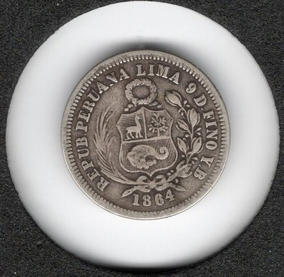 SCARCE - Peru DERTEANO 1864 YB-DD 1/5 Sol - 90% Silver
