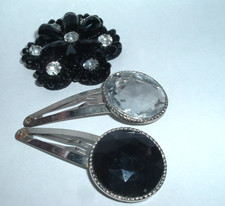 3 VINTAGE ART DECO BLACK AND WHITE RHINESTONE SNAP HAIR CLIPS