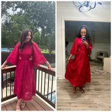 FARM Rio Guipire Cut Out Midi Dress Lace Red Floral Medium