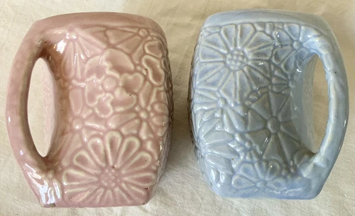 Pair Vintage Niloak Pottery MCM Pink & Blue Floral Embossed Coffee Tea Cups