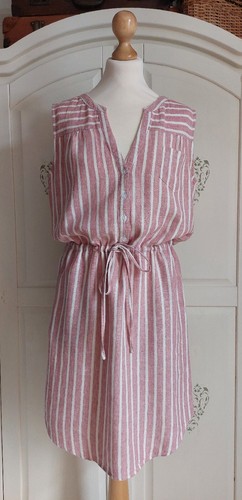Vestido de Verano Athena Marie Nuevo con Etiquetas Rosa y Blanco Rayas Mezcla de Lino Pequeño Reino Unido 8/10