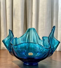 Vintage MCM Mid-Century Modern Viking Blunique Blue Glass Drape Bowl Ashtray