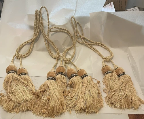 Set Of 4 LARGE DRAPERY TIE BACKS DOUBLE TASSELS CREAM & GOLD