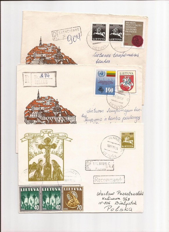LITHUANIA-6 registered covers to Poland & internal