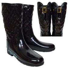 Hunter refined gloss quilted mid adjustable pull rain boots black waterproof