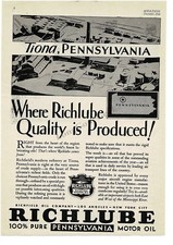 1930 RICHLUBE Motor Oil TIONA Pennsylvania Refinery art Vintage Print Ad