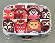 Colorful Patchwork Wise Wisdom Owls Rectangular Purse Travel Vitamin Pill Box