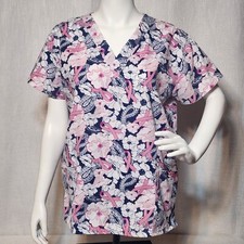 365 Workwear Scrubs Top Pink Ribbons Paisley Print Floral Womens V Neck Large