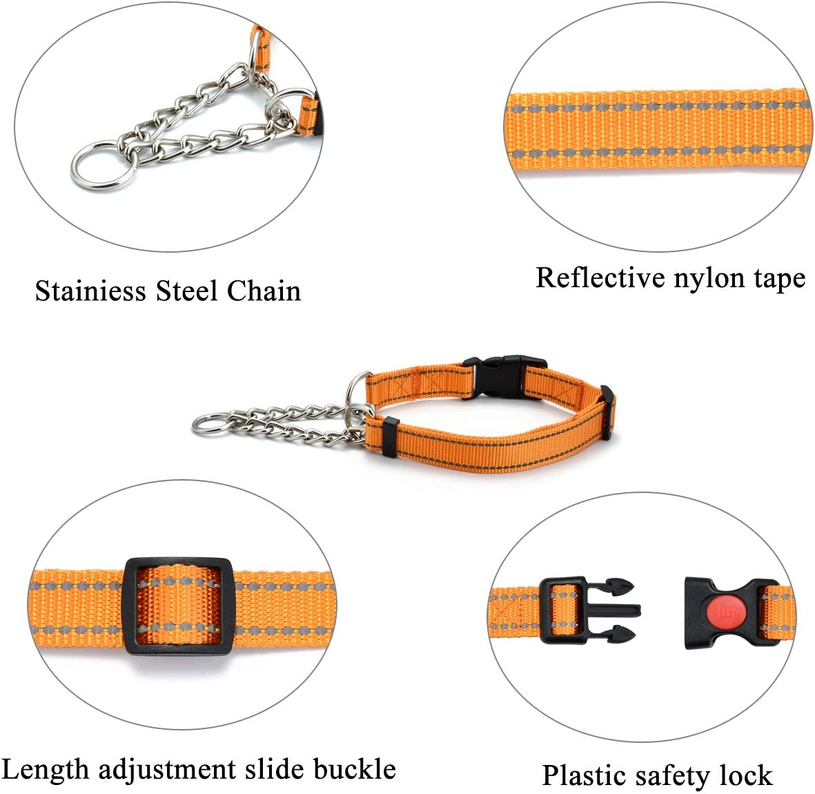 Petto Martingale Half Dog Choke Collar, Reflective Dog Choke Chain Dog