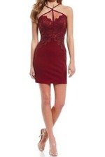 Red Mini Dress Teeze Me Y-Neck Lace Embellished sequins bodycon Junior Size 3  