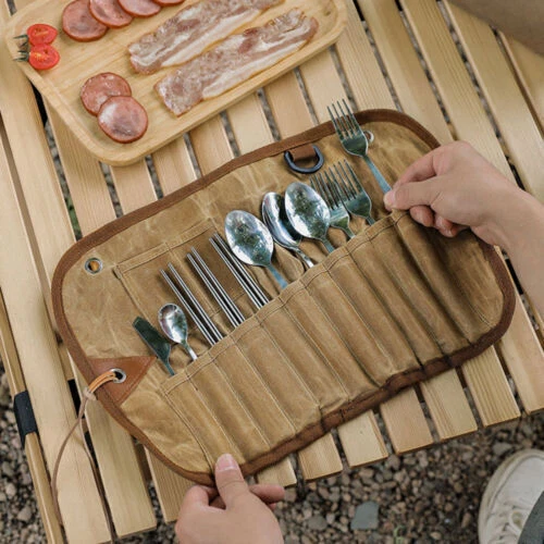Segeltuch Besteck Aufbewahrungstasche Rollende Bestecktasche Lagerung Camping - Bild 5 von 12