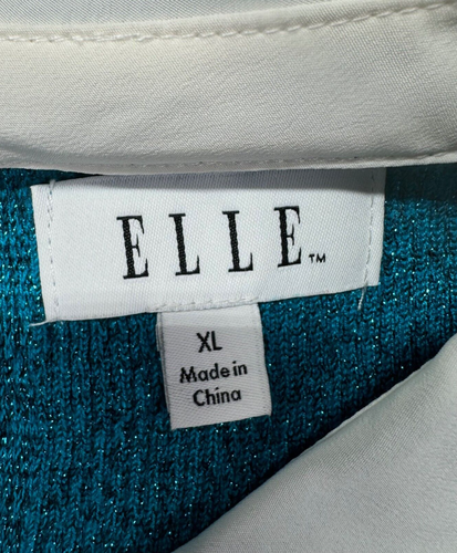 Elle Blouse Sweater Women's Extra Large Ivory Blue Long Sleeve Scalloped Detail - Picture 3 of 10