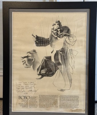 RARE! 1978 Bob Baker & Alton Wood Signed BOBO Clown Marionette Puppet Art Framed
