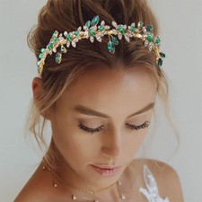 JEAIRTS Emerald Rhinestone Headband Gold Wedding Headpiece for Women