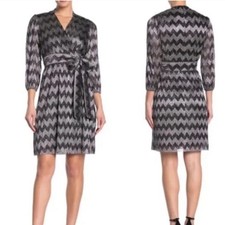 Eliza J Zigzag Chevron Black & Silver Metallic Wrap Dress - Size 10, EUC