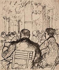 Porträt Menschen im Hofgarten Café unleserlich signiert Tusche Zeichnung 1925