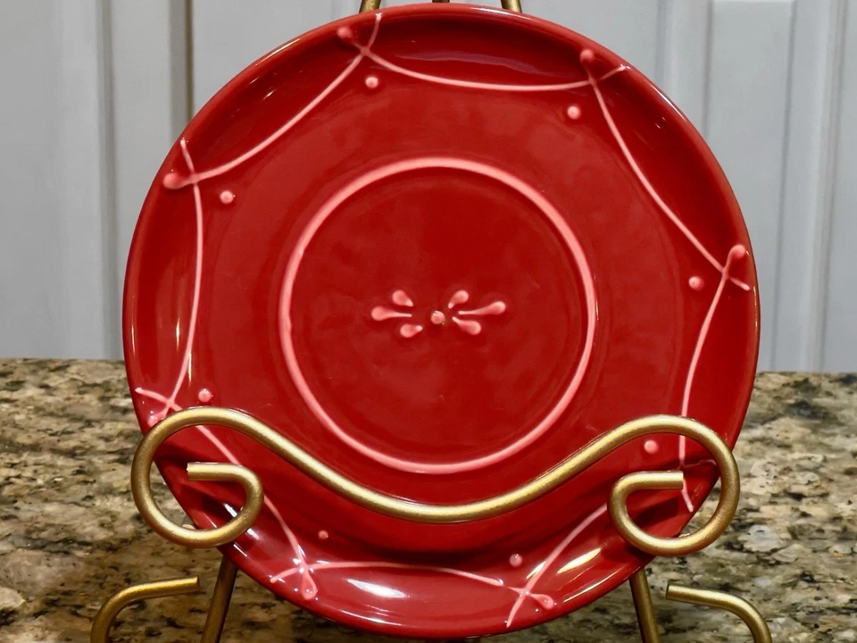 Crate & Barrel Red Appetizer Plates– Set of (3)6-5/8 Embossed Ornate Design - Image 3 of 4