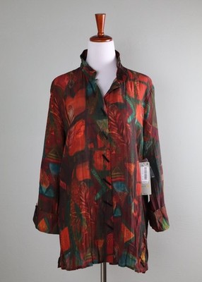 ALI MILES NWT $74 Structured Collar Feather Print Button Up Shirt Top Size Small
