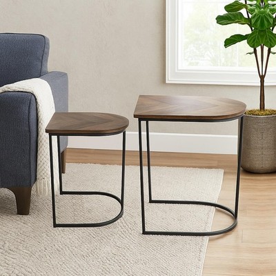 2er Set Couchtisch Metall Holz Chevron Modern Beistelltische Set für Wohnzimmer