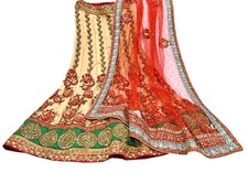 Indian Heavy Red Beige Mesh/Net Hand Embroidered Designer Lehenga 2pcs Set