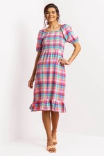 BNWT Roman Rainbow Check Puff Sleeve Shirred Midi Dress Size 10 Cotton Summer