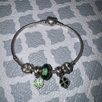 PANDORA Bettelarmband grün Murano 4 Blatt Kleeblatt Lucky Kiss Me I m Irish