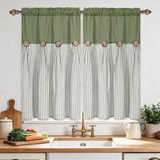 Farmhouse Kitchen Curtains 36 Inch, Cotton Linen Cafe Curtains with Rustic Butto