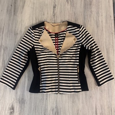 White House Black Market Striped Moto Jacket Black White Gold Zip Size 4