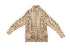 Carraig Donn Sweater Mens M Beige Irish Wool Cable Handknit Fisherman Full Zip