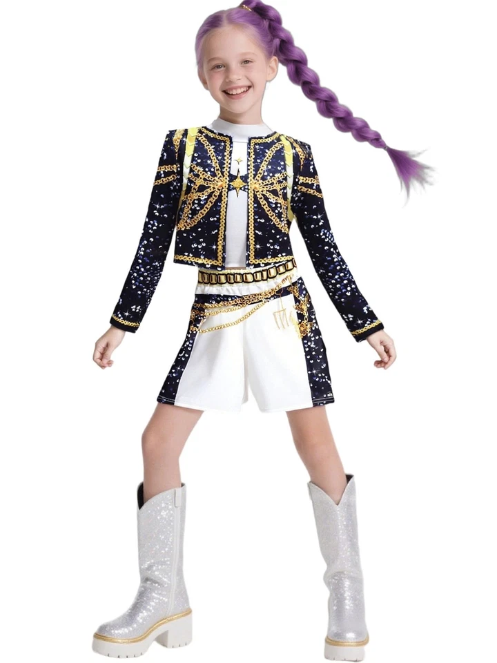 Kids Girls KPop Demon Hunters Costume Rumi Zoey Cosplay Fancy Dress Wigs Outfits - Image 4 of 4