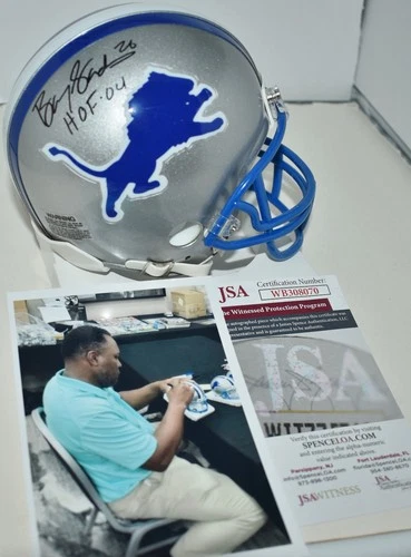 BARRY SANDERS AUTOGRAPHED VSR4 THROWBACK MINI HELMET DETROIT LIONS HOF 2004 JSA
