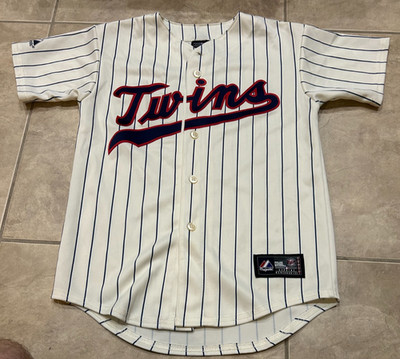 Minnesota Twins Majestic White Pinstripe Button Front Jersey Youth Boys Med Sewn