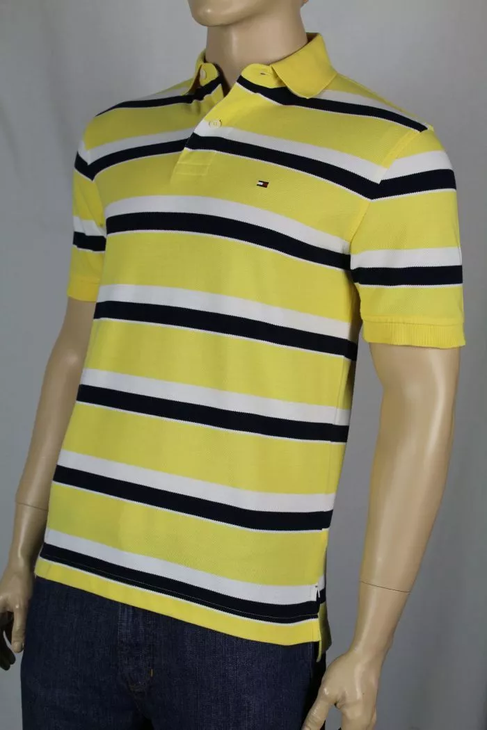 Tommy Hilfiger Yellow White Navy Blue Polo Shirt Stripes NWT Small S