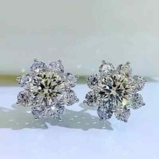 2Ct Round Cut Real Moissanite Women Flower Stud Earrings 14K White Gold Plated