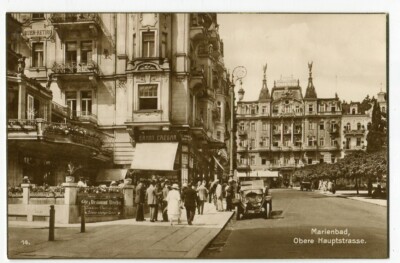 Postcard Mariánské Lázně Upper Main Street business Ernst Caesar café Utschig photo postcard 