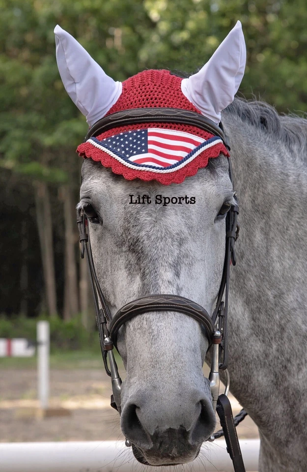 Almohadilla de silla de montar inglesa bandera americana de EE. UU. a juego mosca capó oreja red máscara velo Foto 2 de 4