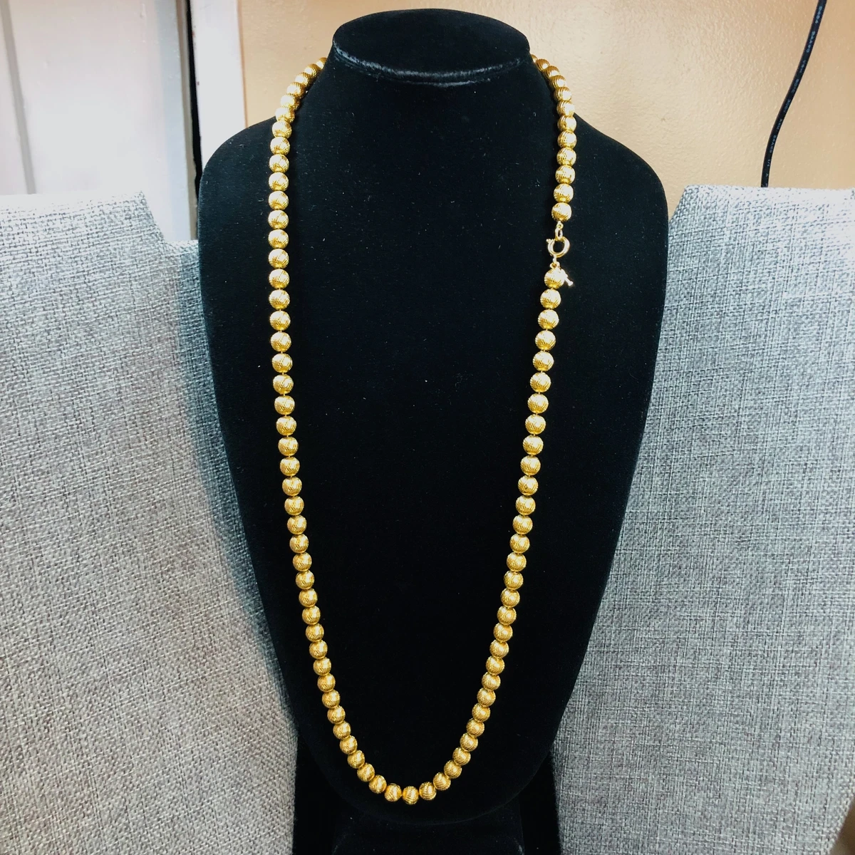 Vintage Trifari 32 Inch Gold Textured Ball Bead on Wire Necklace