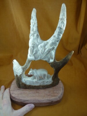 bear-w68) bear eagle seal of shed ANTLER figurine Bali detailed carving bears