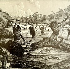 Pesca en Río Patagónico 1903 Grabado en Madera Mundos Gente Historia Impresión DWKK24