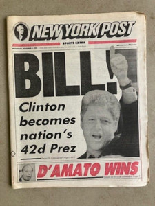 New York Post Newspaper Bill Clinton Elected President November 4, 1992