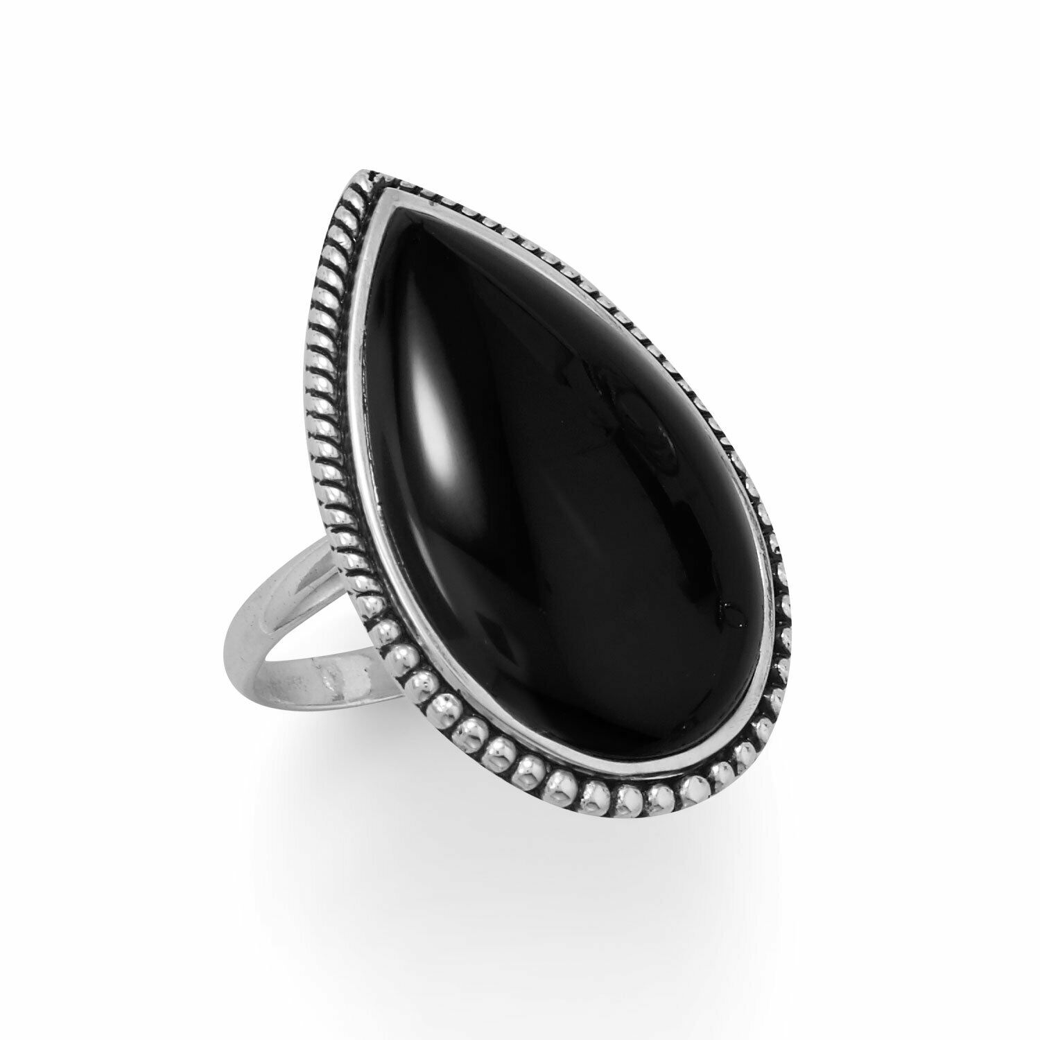 Large Black Onyx with Beaded Edge Ring 925 Sterling Silver Krajowa edycja limitowana