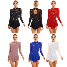 Womens Dress Sheer Skirt Dance Leotard Performance Crew Neck Rhinestone Ballet