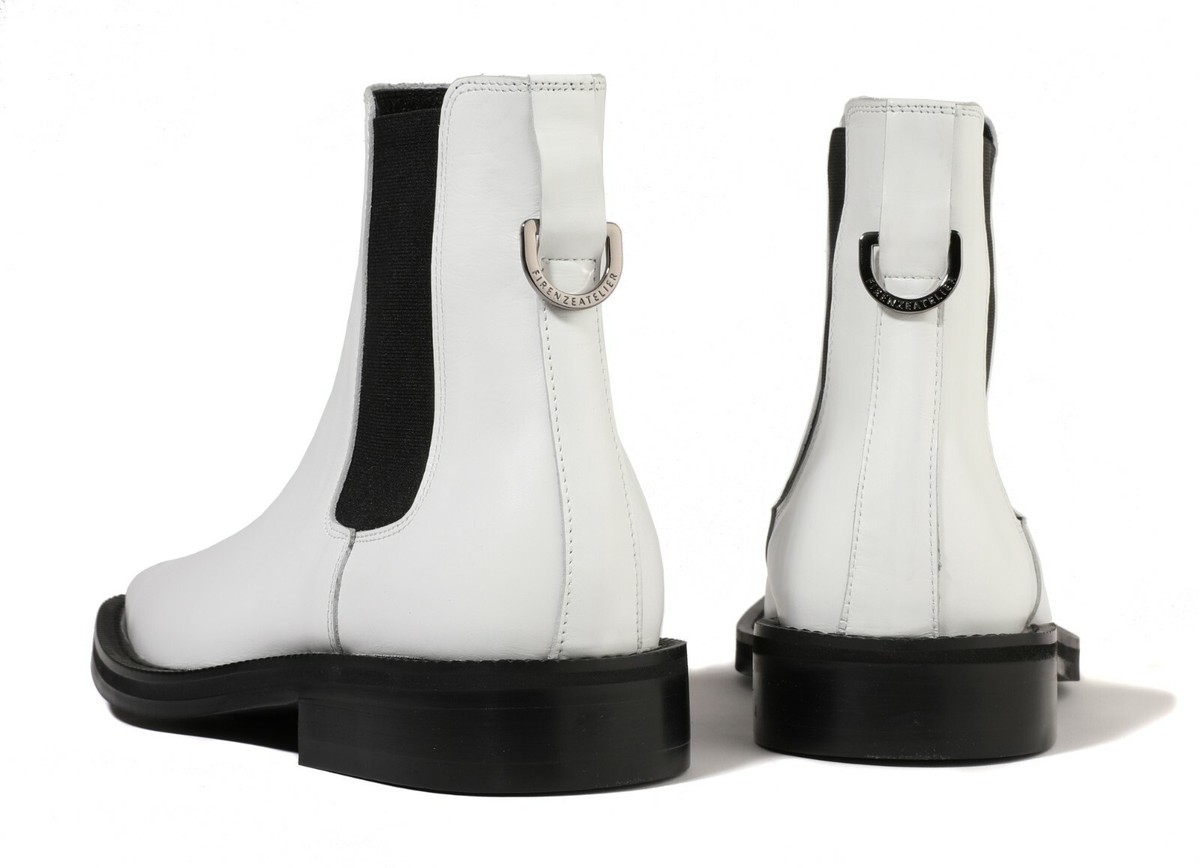 Firenze Atelier Men's White Leather Square Toe Ankle Boots Chelsea