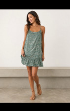Urban Outfitters Green White Abstract Mini Sundress Square Neck Ruffle Hem L