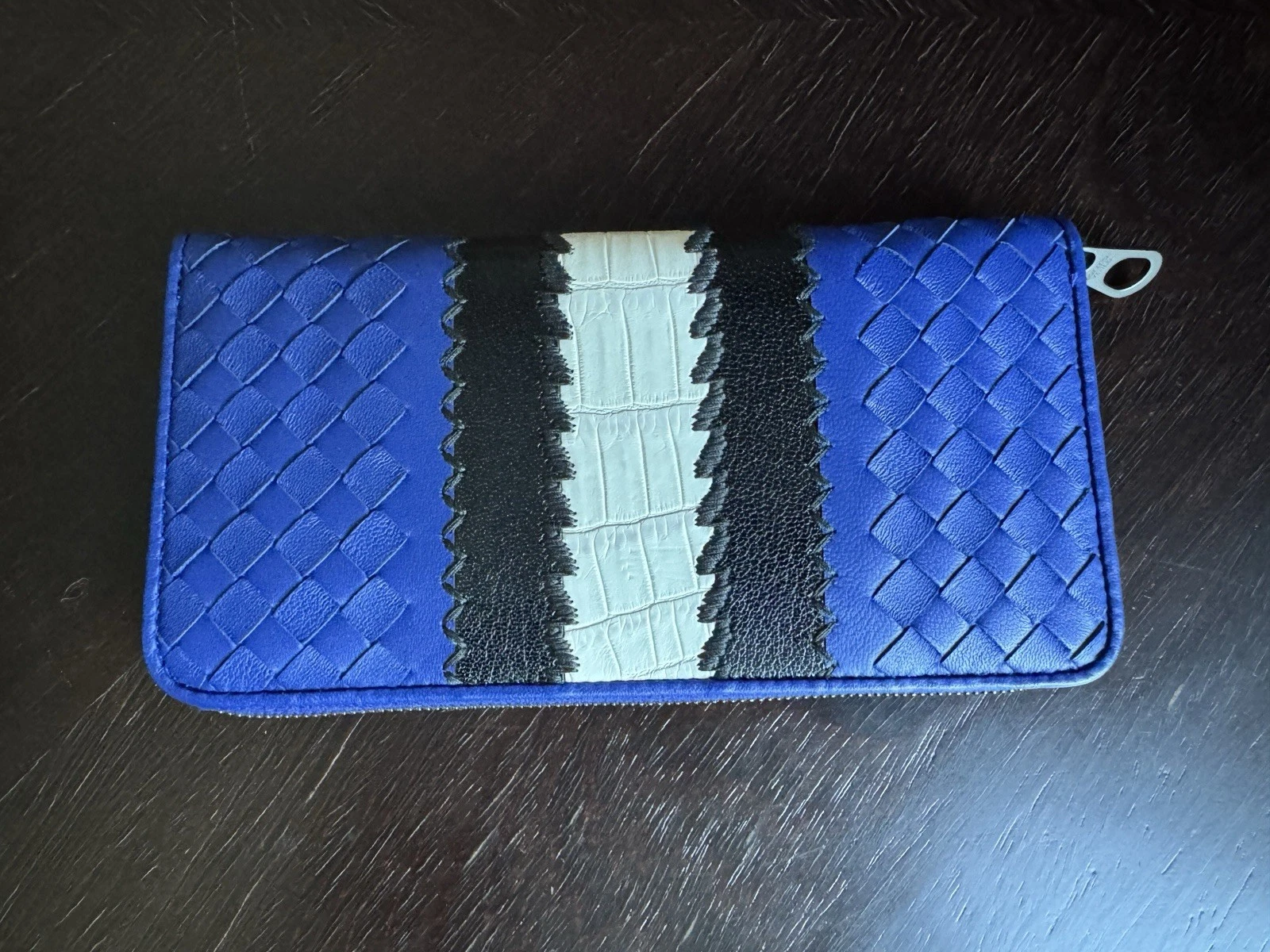 BOTTEGA VENETA ZIP BLU PORTAFOGLIO INTRECCIATO Mix coccodrillo pelle di vitello di capra