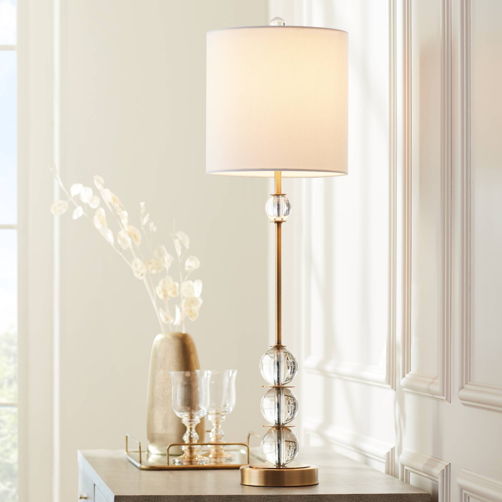 Halston Modern Buffet Table Lamp 32 1/2" Tall Brass Metal Crystal Living Room